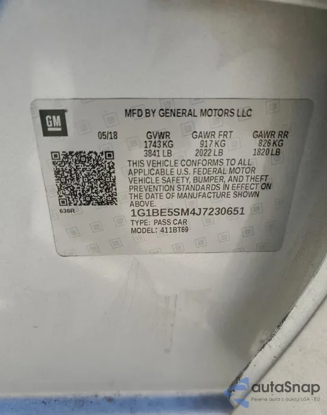 2018 Chevrolet Cruze Lt из США, поврежденный, VIN 1G1BE5SM4J7230651